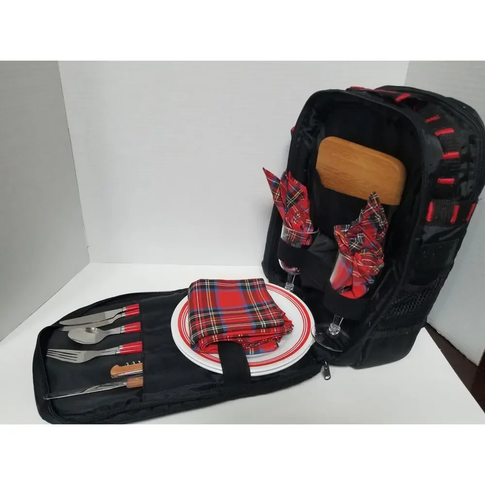 Vintage 2 Person Picnic Backpack Kit Insulated Cooler Utensil Glasses Plates New